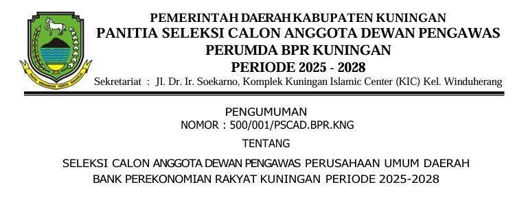 Pemkab Kuningan Resmi Membuka Seleksi Calon Dewas Perumda BPR bagi PNS Dibuka