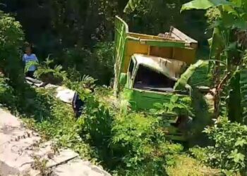 Oleng Hingga Tabrak Pembatas Jalan, Mobil Truk Masuk Jurang Parit di Plangon